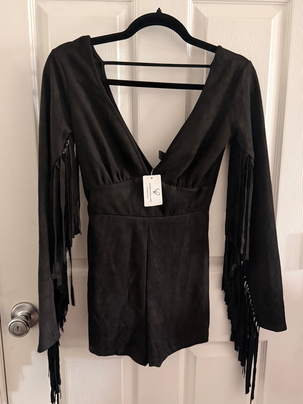 NWT Windsor Black Faux Suede Fringe Sleeve Romper Size Small